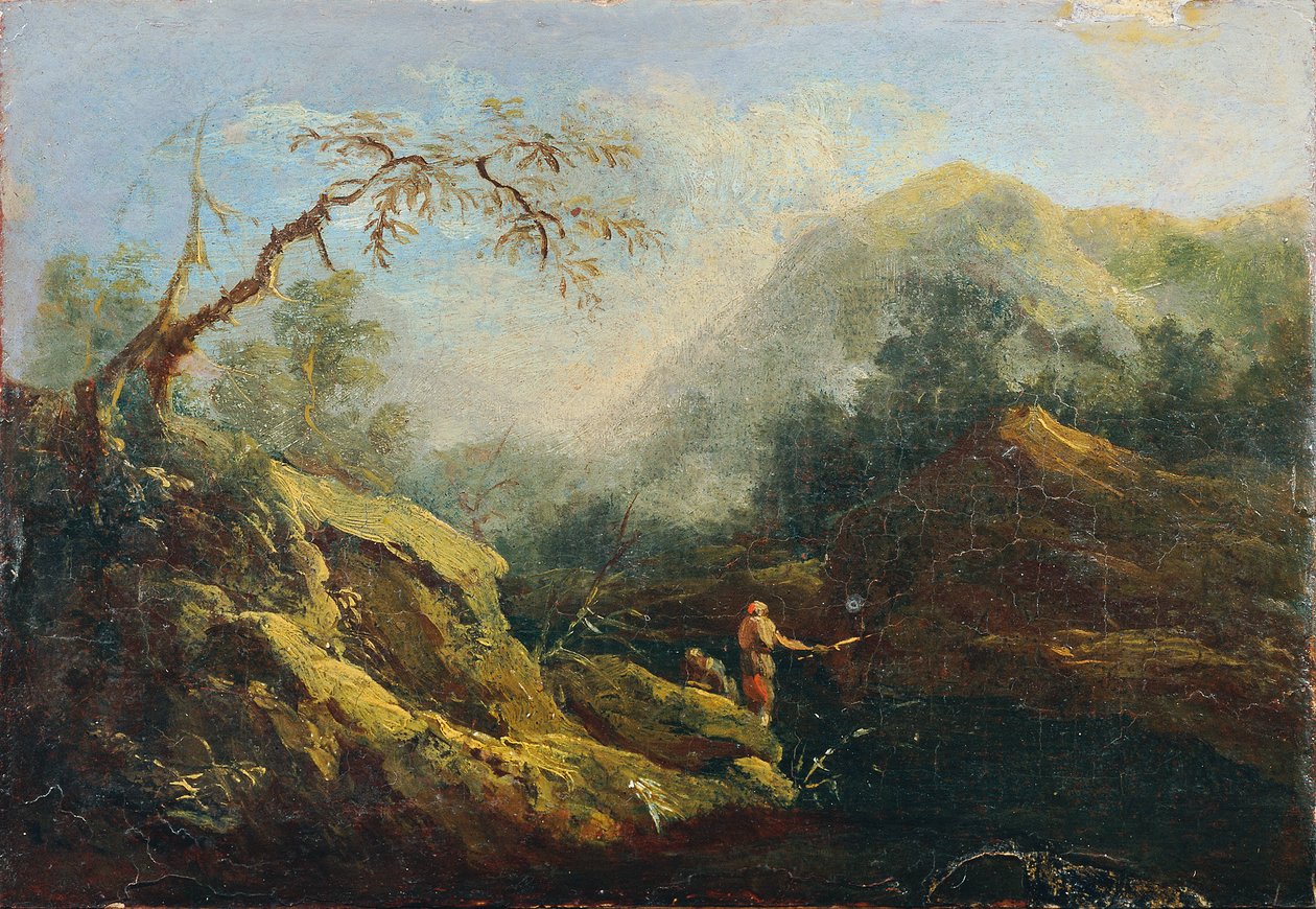 Hornatá krajina s rybáři od Johann Christian Brand