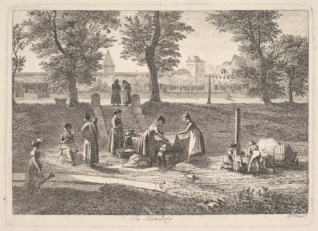 Venkovní scéna žen v domácích aktivitách v Norimberku, 19. století. od Johann Christian Erhard