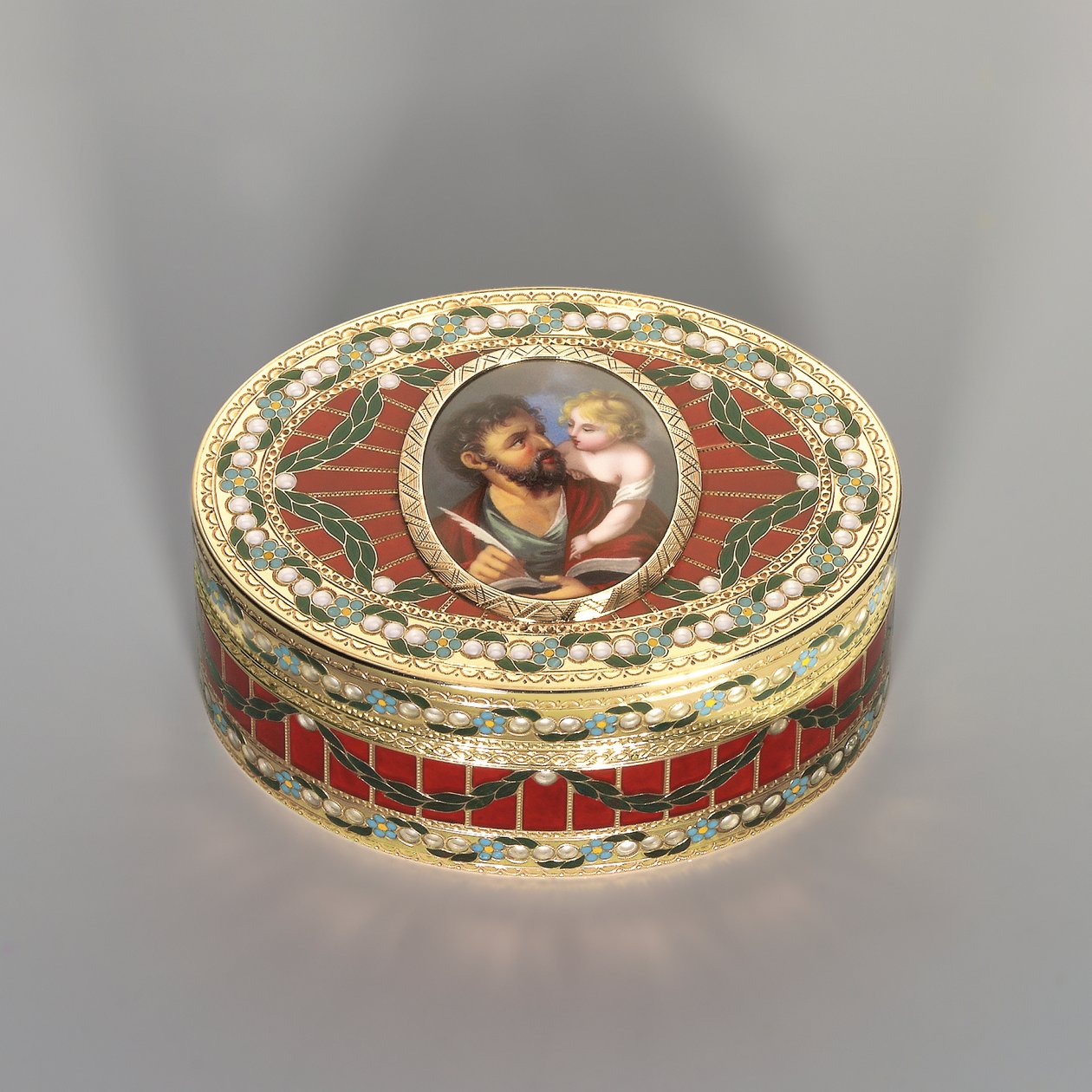 Tabatěrka, Drážďany, asi 1775-80, miniatura Ženeva, asi 1800 (saský tvrdý kámen, zlato a smalt) od Johann Christian Neuber