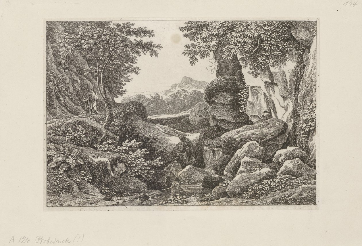 Skalnatá krajina s kráčejícím pastýřem vlevo od Johann Christian Reinhart