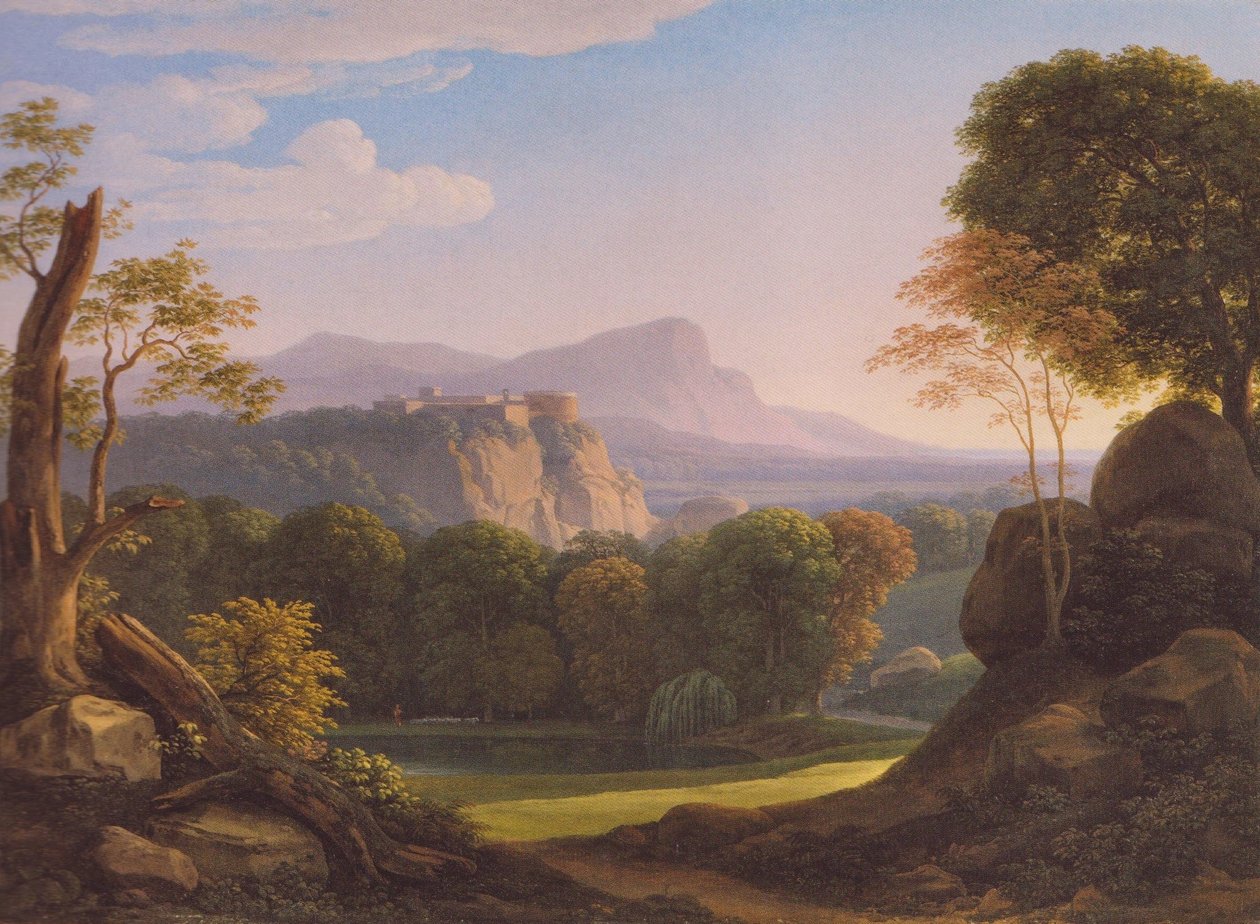 Německy: Italienische Landschaft mit Schloss auf einem Bergrücken Italská krajina s hradem na hřebeni od Johann Christian Reinhart