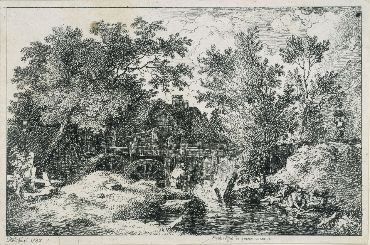 Krajina s vodním mlýnem (první pokus o mědirytinu) od Johann Christian Reinhart