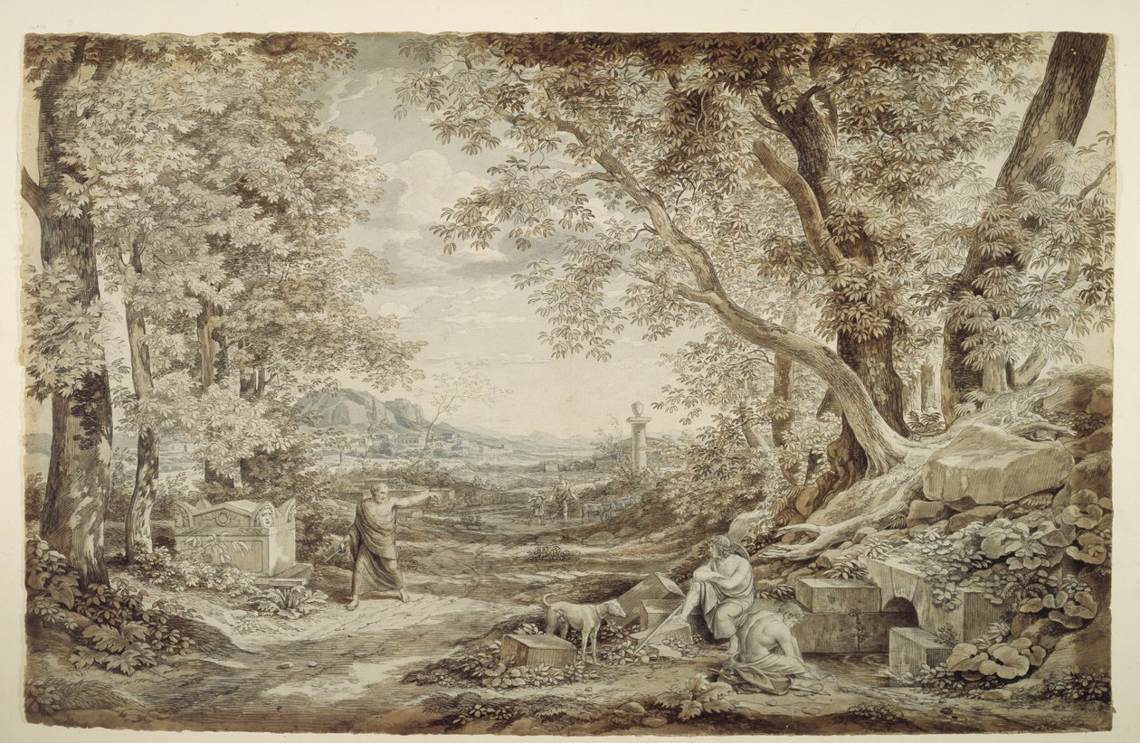 Krajina s antickými památkami („Vynález korintské hlavice“) od Johann Christian Reinhart