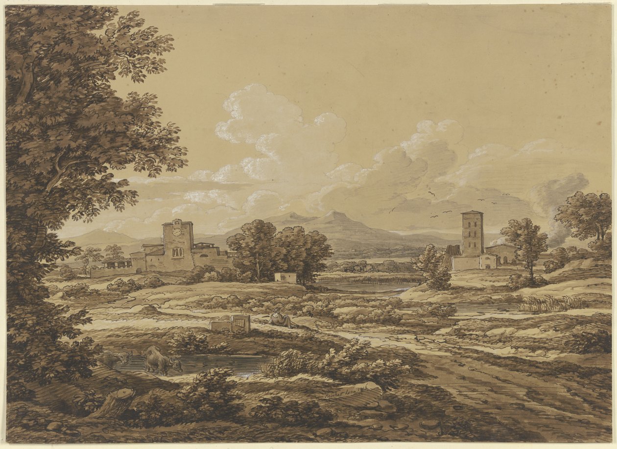 Krajina s věží Torre del Quinto nedaleko Říma od Johann Christian Reinhart