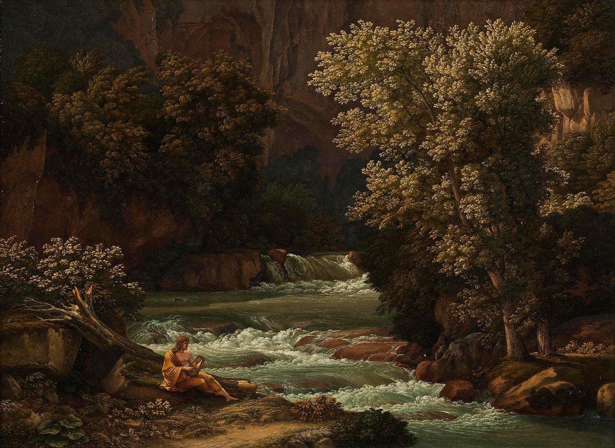 Pohled na Ponte Lupo u Tivoli s osobou hrající na lyru v popředí od Johann Christian Reinhart