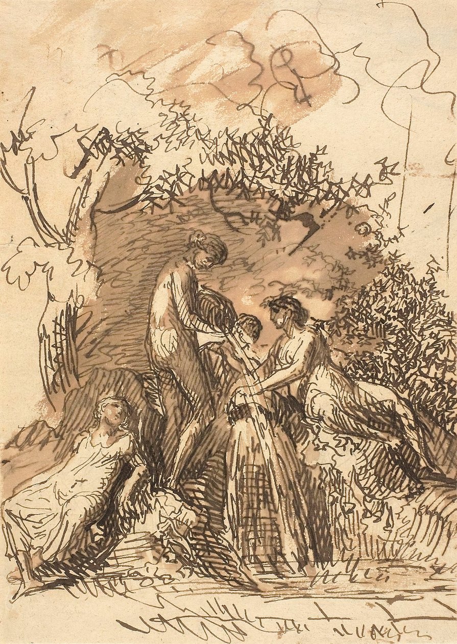 Mladé dívky u fontány (recto); Fragment náčrtu nohou (verze) od Johann Christian Reinhart
