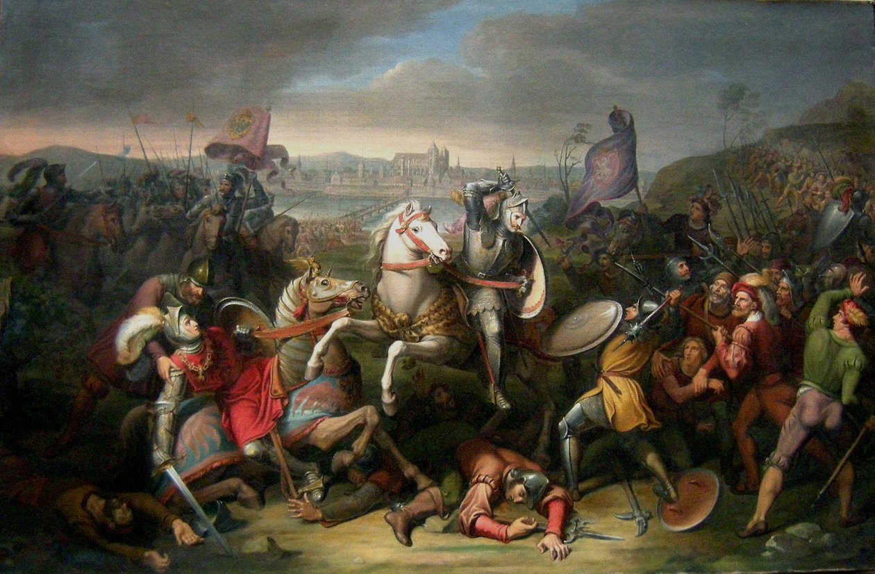 Vévoda Erich von Calenberg zachraňuje císaře Maxmiliána v bitvě u Regensburgu v roce 1504 od Johann Christian Riepenhausen