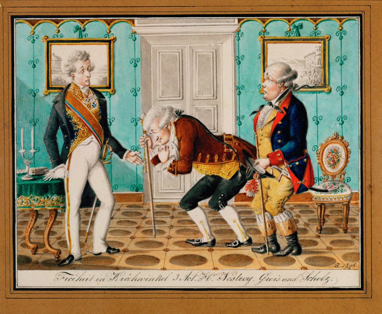 Populární vídeňská hra s básníkem a hercem Johannem Nestroyem (rytina) od Johann Christian Schoeller
