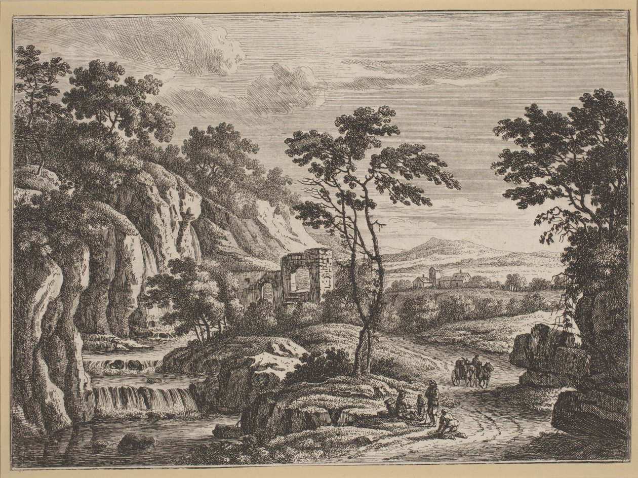Krajina s ruinami a vodopádem. od Johann Christoph Dietzsch