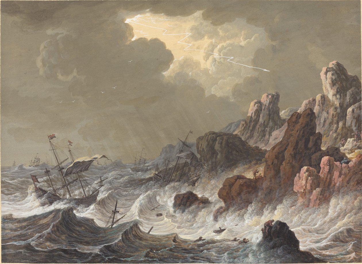 Bouřemi zmítané lodě ztroskotaly na skalnatém pobřeží. od Johann Christoph Dietzsch