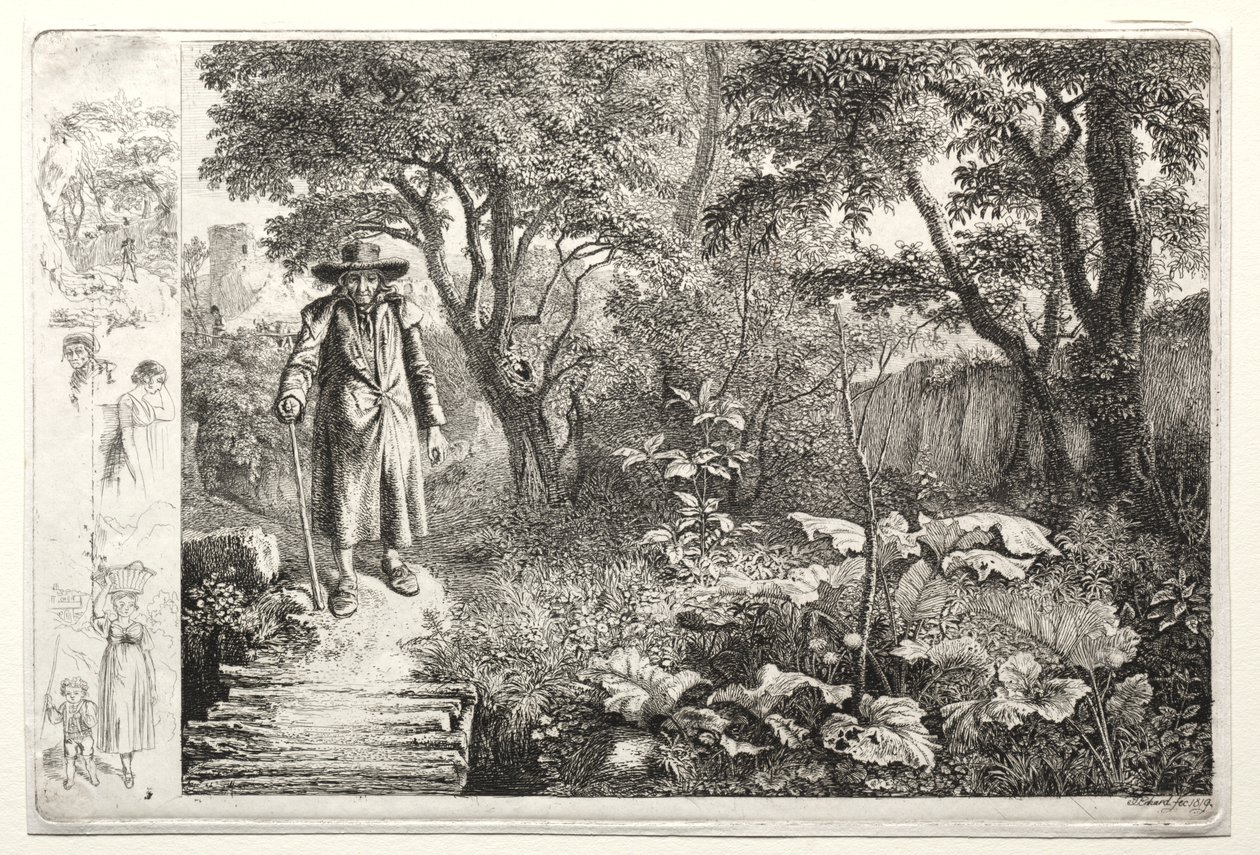 Stařec před srubovým mostem Der Alte vor den Knuppelsteg, 1819. od Johann Christoph Erhard
