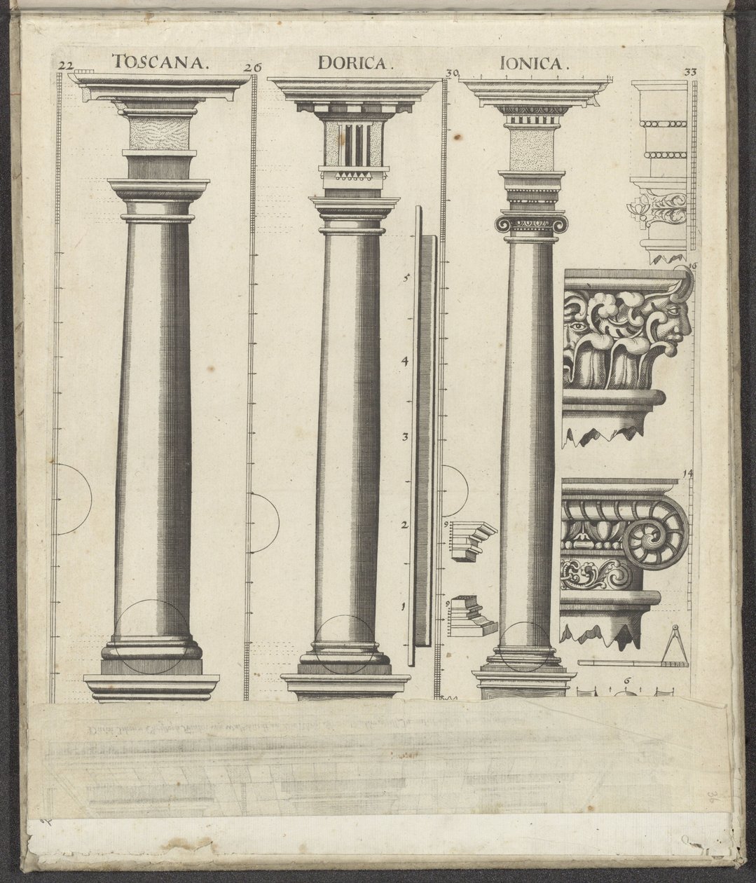 Tři sloupy toskánského, dórského a iónského řádu Toskánsko / Dorica / Ionica (název na objektu) Funf Ordnungen der Architektur (název série) od Johann Christoph Feinlein