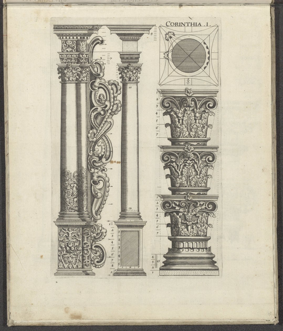 Sloupce a hlavice korintského řádu Corinthia .I. (název na objektu) Five Orders of Architecture (název série) od Johann Christoph Feinlein