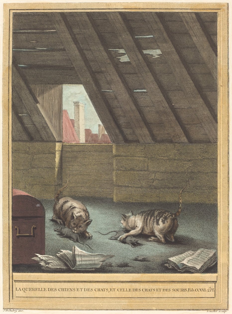 Hádka koček a psů a hádka koček a myší od Johann Christoph Teucher after Jean Baptiste Oudry