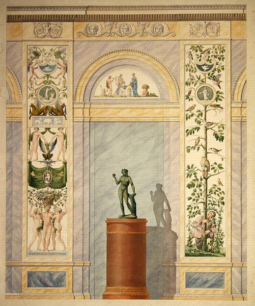 Kresba dekorace pro zadní stěnu Jídelny paláce v Kasselu (pero a akvarel na papíře) od Johann Conrad Bromeis