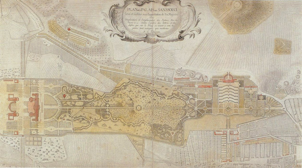 Plán Frederician parku Sanssouci v Postupimi, 1772 od Johann David Schleuen