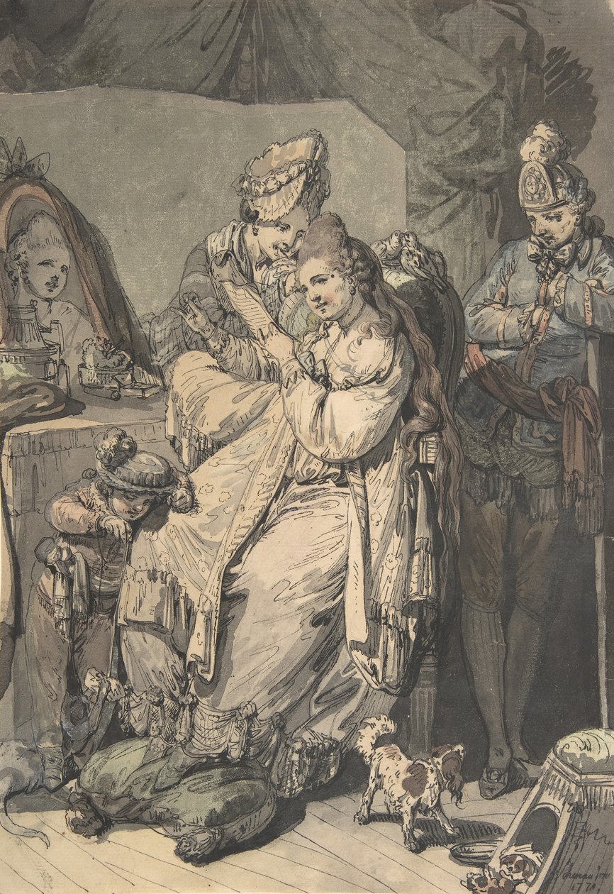 Žena na záchodě se služkou, chlapcem, psem a mladým vojákem, verso: Skica..., 1770. od Johann Eleazar Schenau
