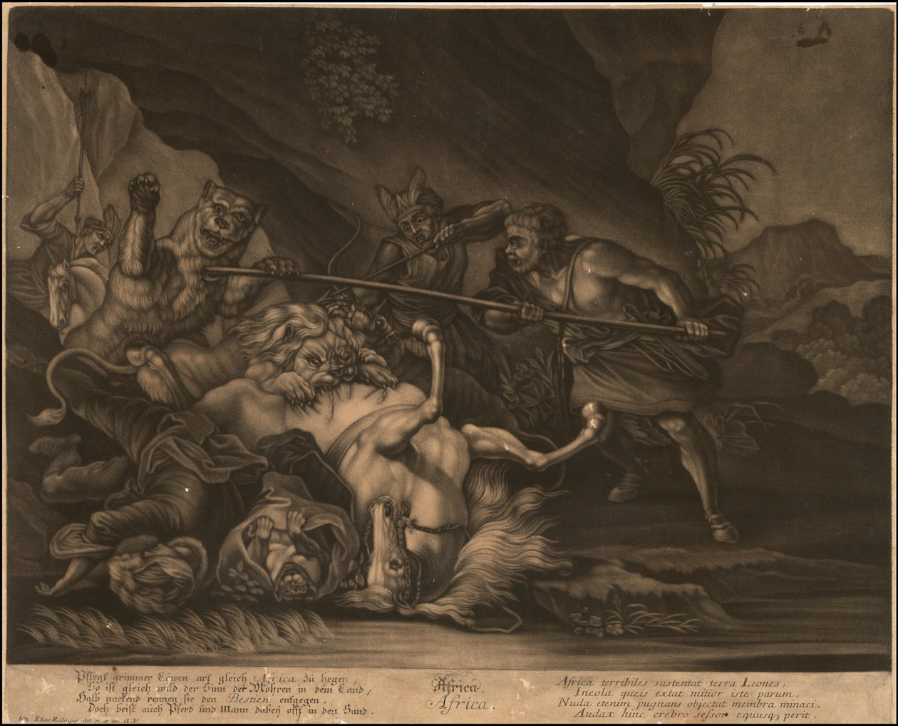 Ca. 1770 alegorická mezzotinta Afriky od Johann Elias Ridinger