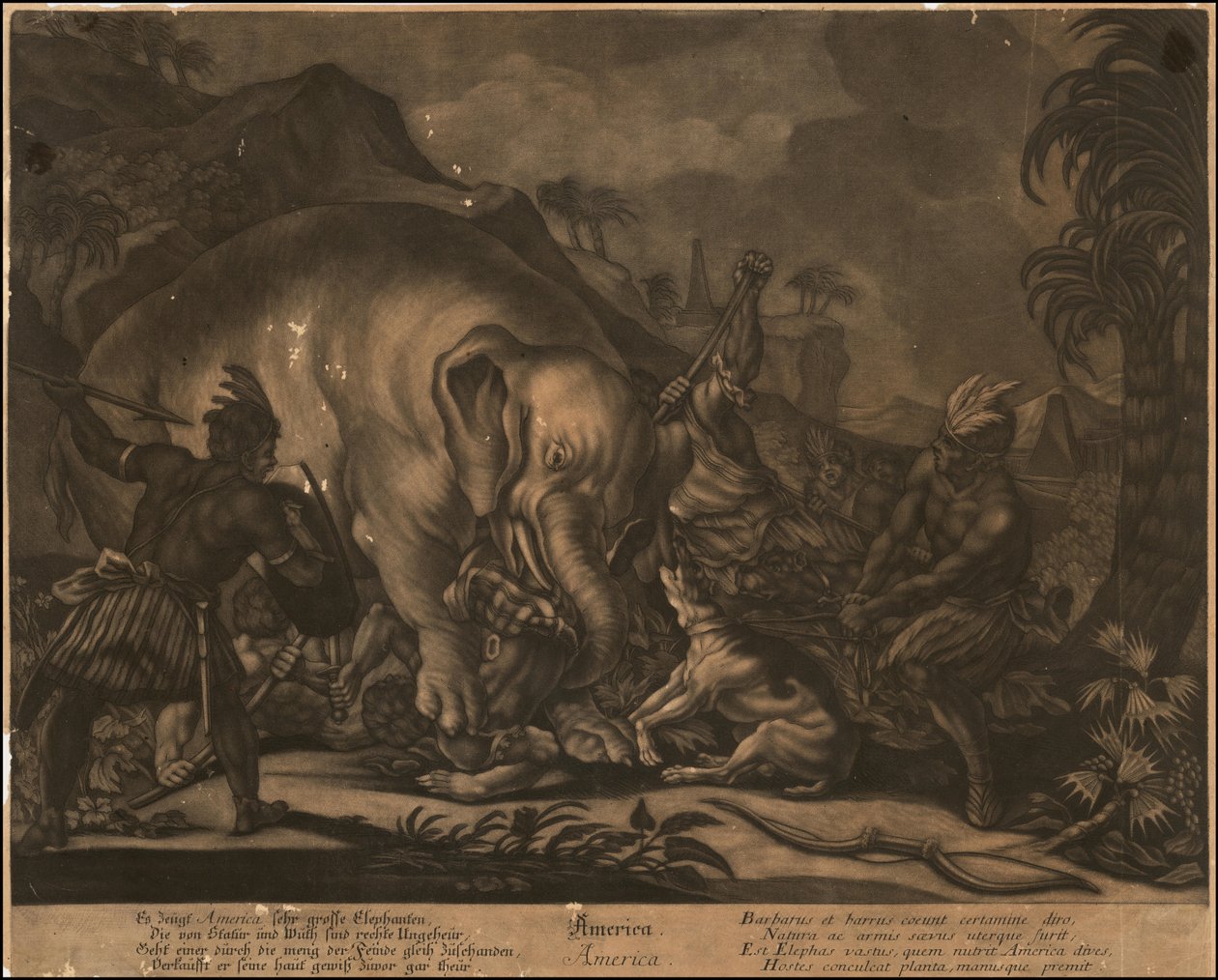 Ca. Alegorická mezzotinta Ameriky z roku 1770 od Johann Elias Ridinger