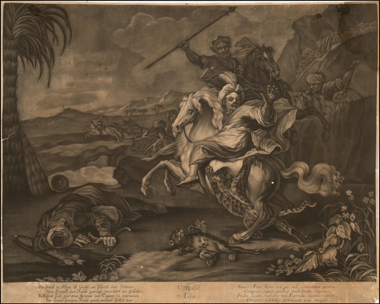 Ca. 1770 alegorická mezzotinta Asie od Johann Elias Ridinger