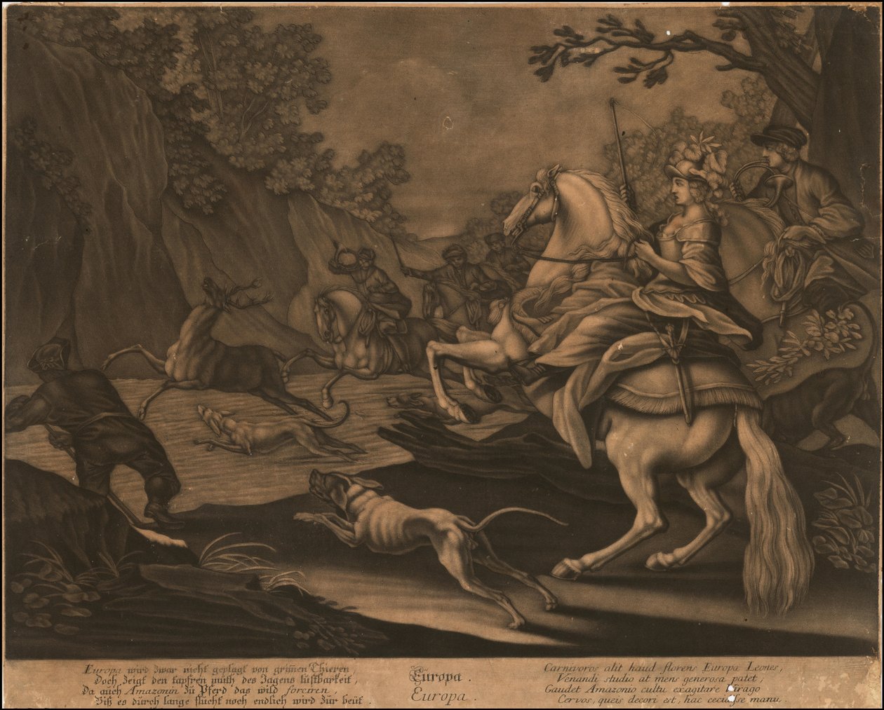 Ca. 1770 alegorická mezzotinta Evropy od Johann Elias Ridinger