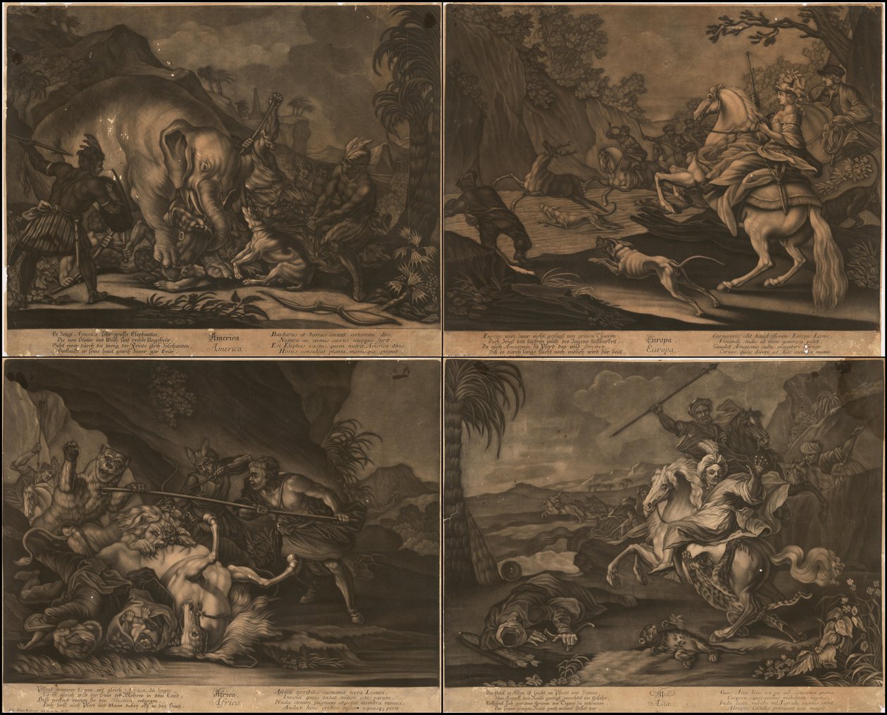 Ca. 1770 alegorické mezzotinty Afriky, Asie, Ameriky a Evropy na jedné stránce od Johann Elias Ridinger