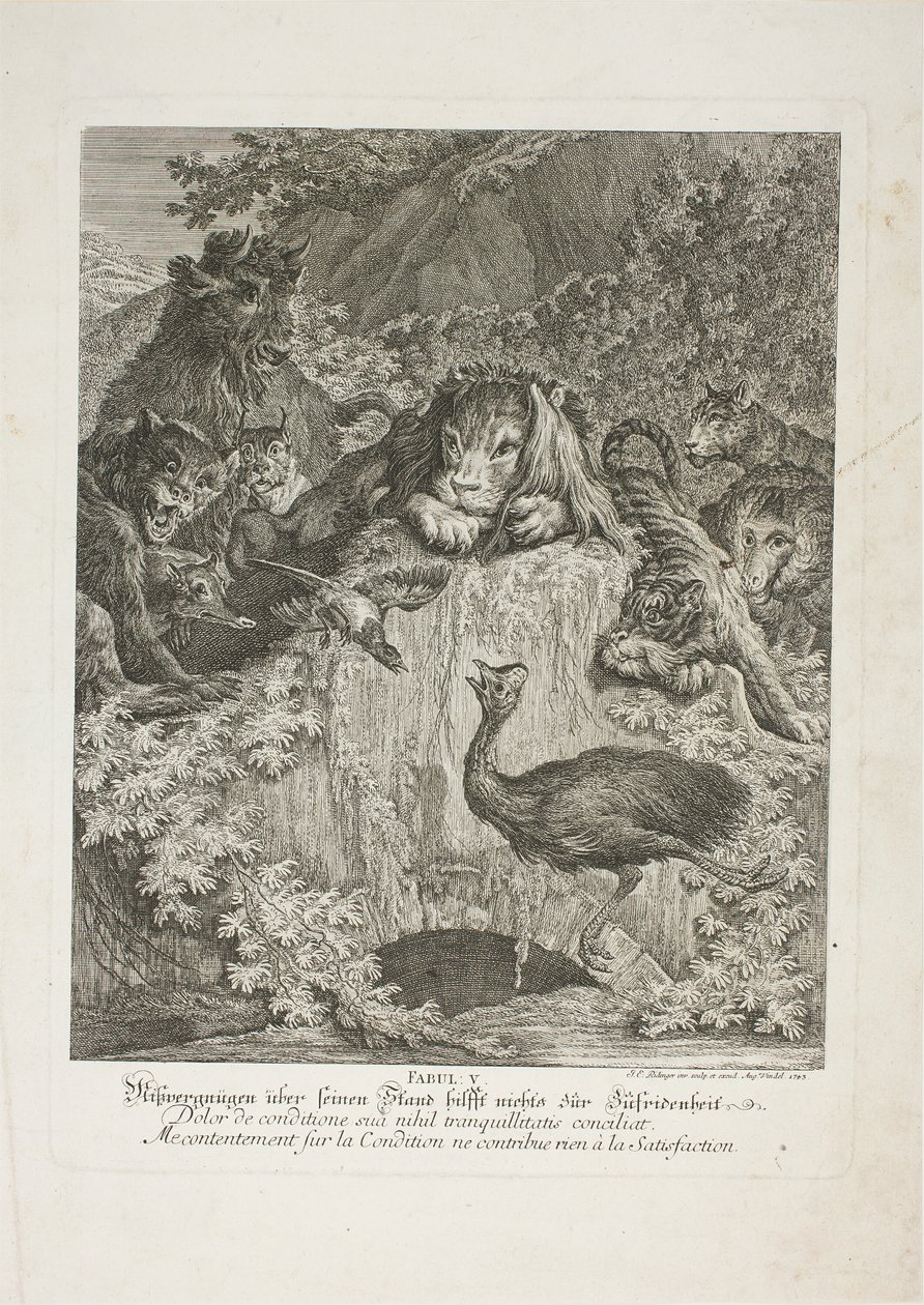 Fable V, deska pět z Instructive Fables of the Realm of Theire od Johann Elias Ridinger