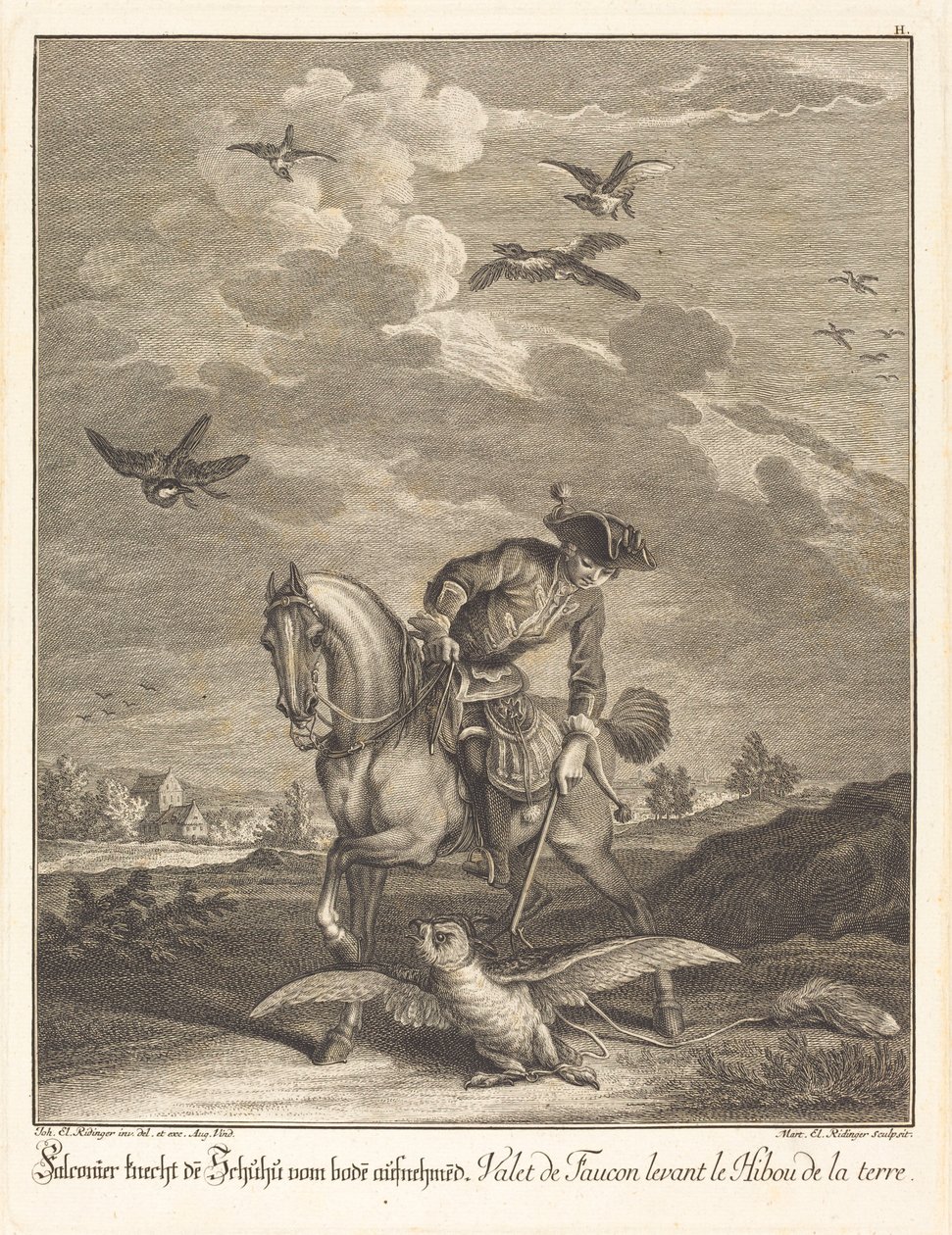 Falconeer zvedání sovy ze země od Johann Elias Ridinger