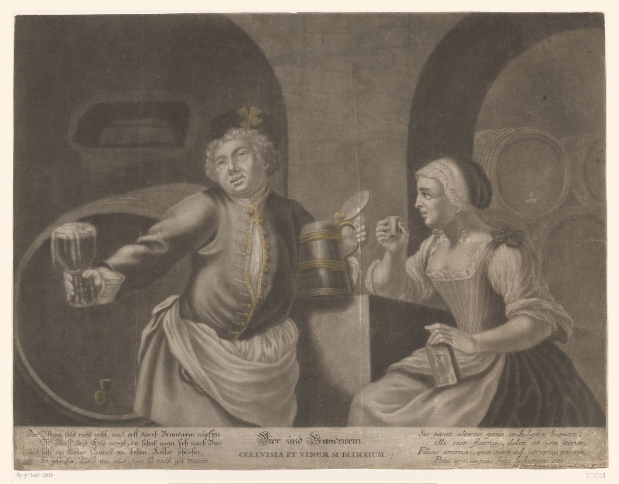 Muž a žena pijí pivo a brandy Pivo a Brandewein / Cerevisia et vinum sublimatum od Johann Elias Ridinger