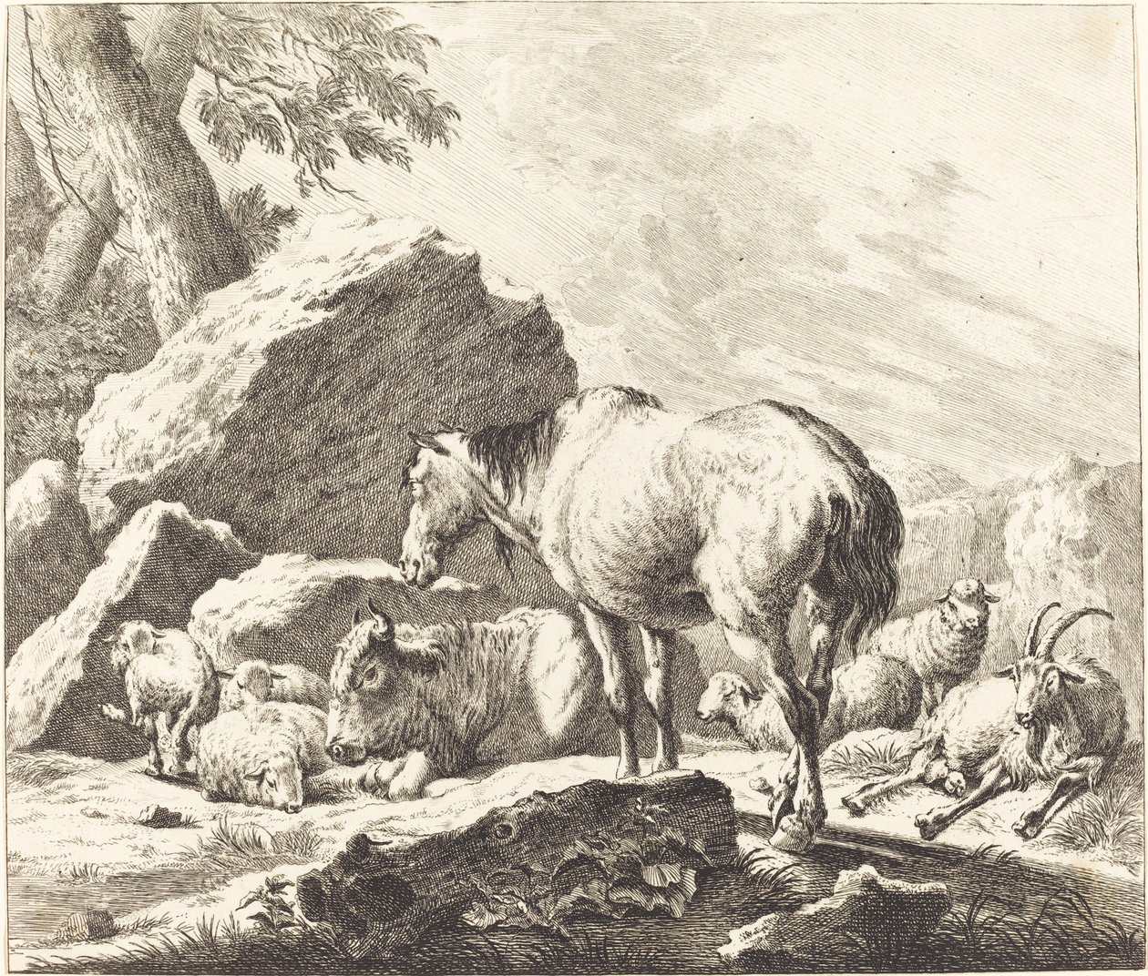 Kůň, buvol, ovce a koza v italské krajině od Johann Elias Ridinger after Johann Heinrich Roos