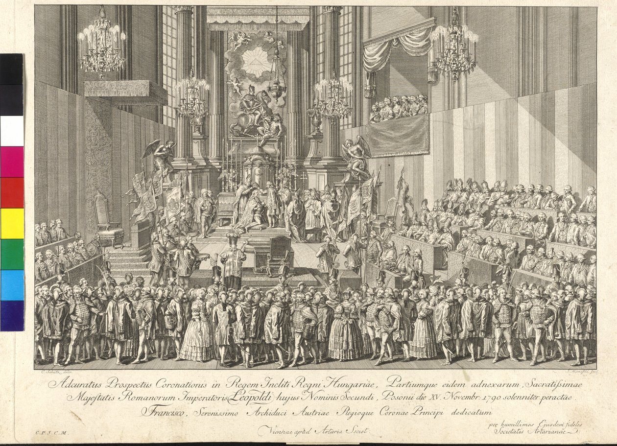 Korunovace císaře Leopolda II. uherským králem v Bratislavě 15. listopadu 1790 (mědirytina) od Johann Ernst Mansfeld