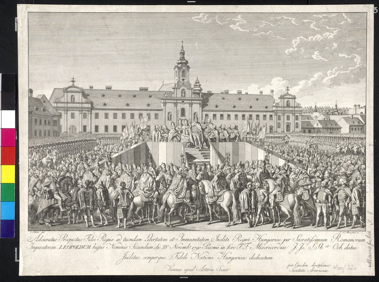 Korunovace císaře Leopolda II. uherským králem v Bratislavě 15. listopadu 1790 (mědirytina) od Johann Ernst Mansfeld