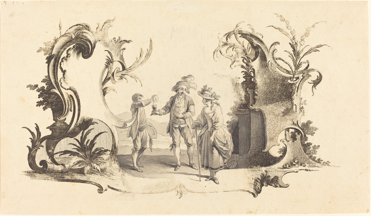 Cartouche Moderne s mladým párem se podává víno od Johann Esaias Nilson