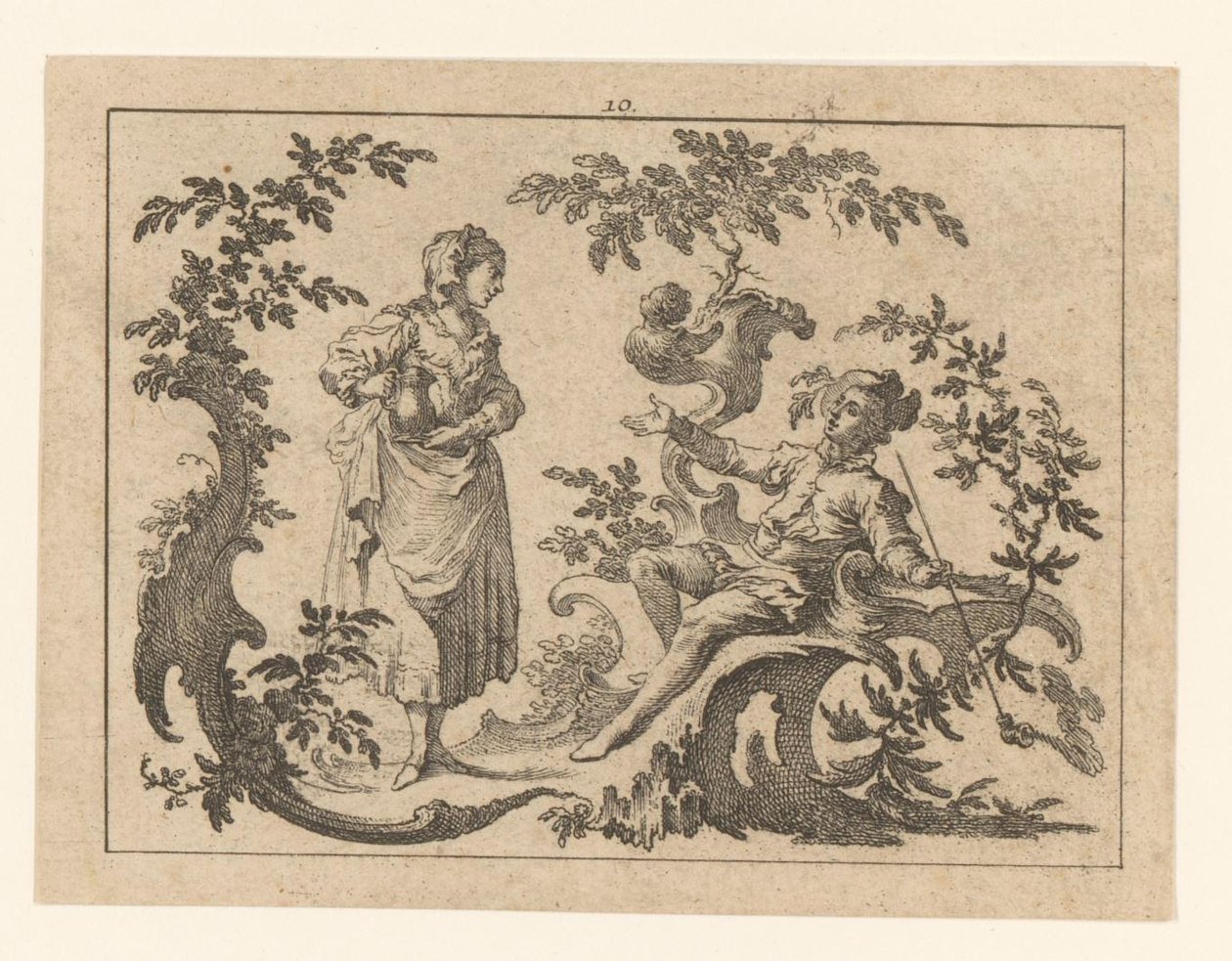 Dýmka kouřící sedící muž, vedle něj stojící žena s džbánem na rokokovém ornamentu Kuřáci na rokokovém ornamentu (název série) od Johann Esaias Nilson