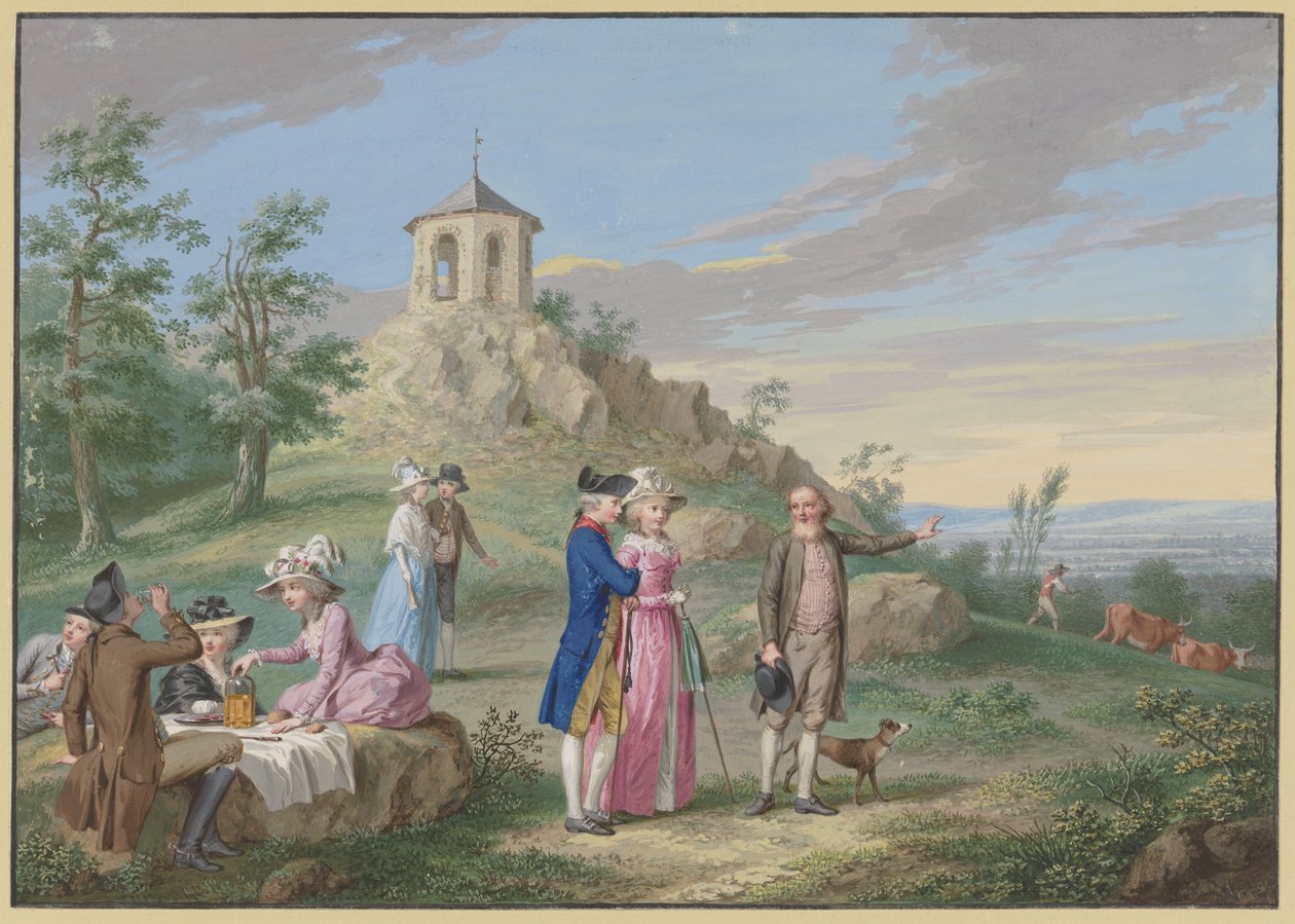 Společnost dam a pánů odpočívající pod širým nebem na úpatí kopce s malým chrámem, průvodce ukazuje mladému páru krajinu od Johann Friedrich August Tischbein