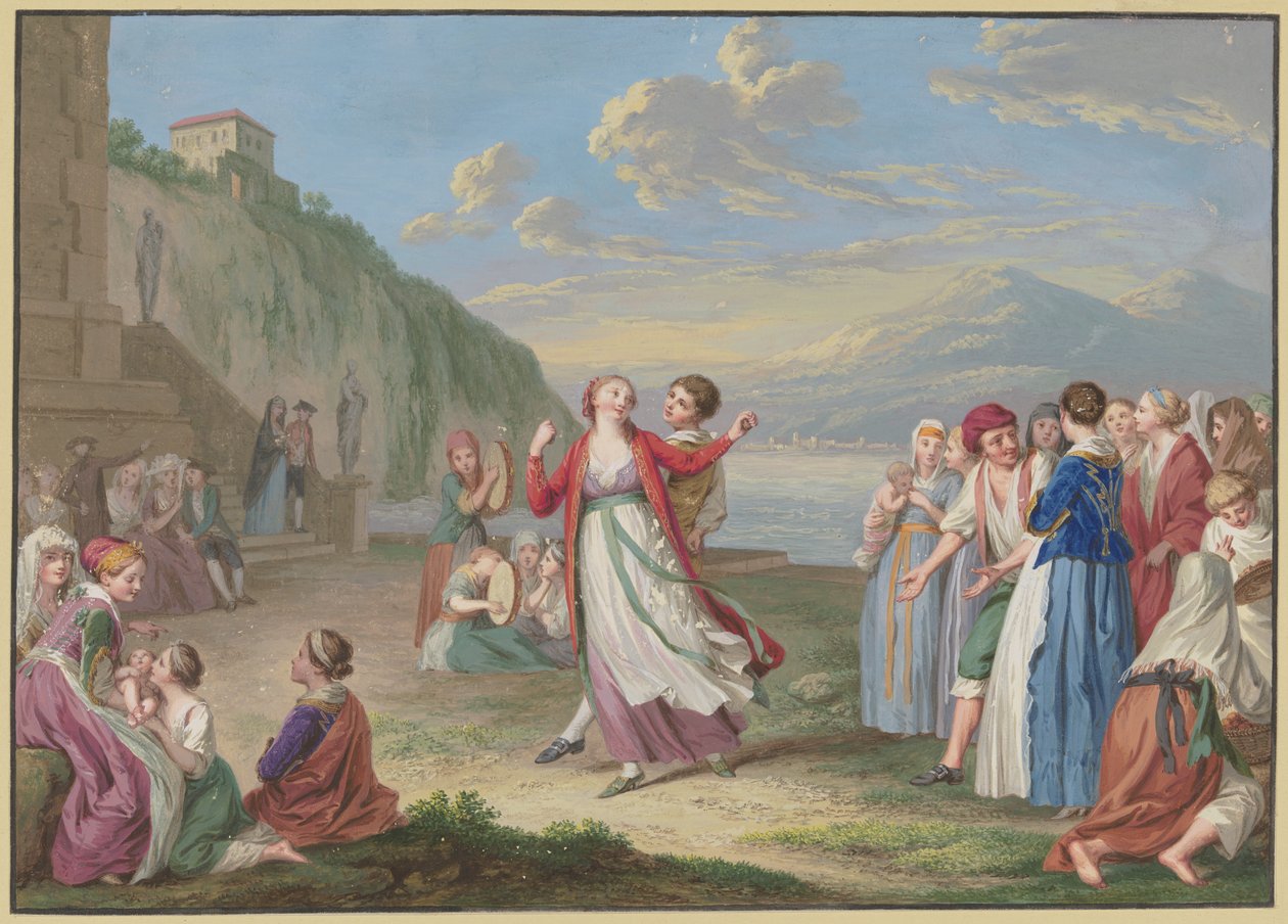 Italští venkované se baví hrami a tancem na břehu jezera, v pozadí vysoké hory od Johann Friedrich August Tischbein