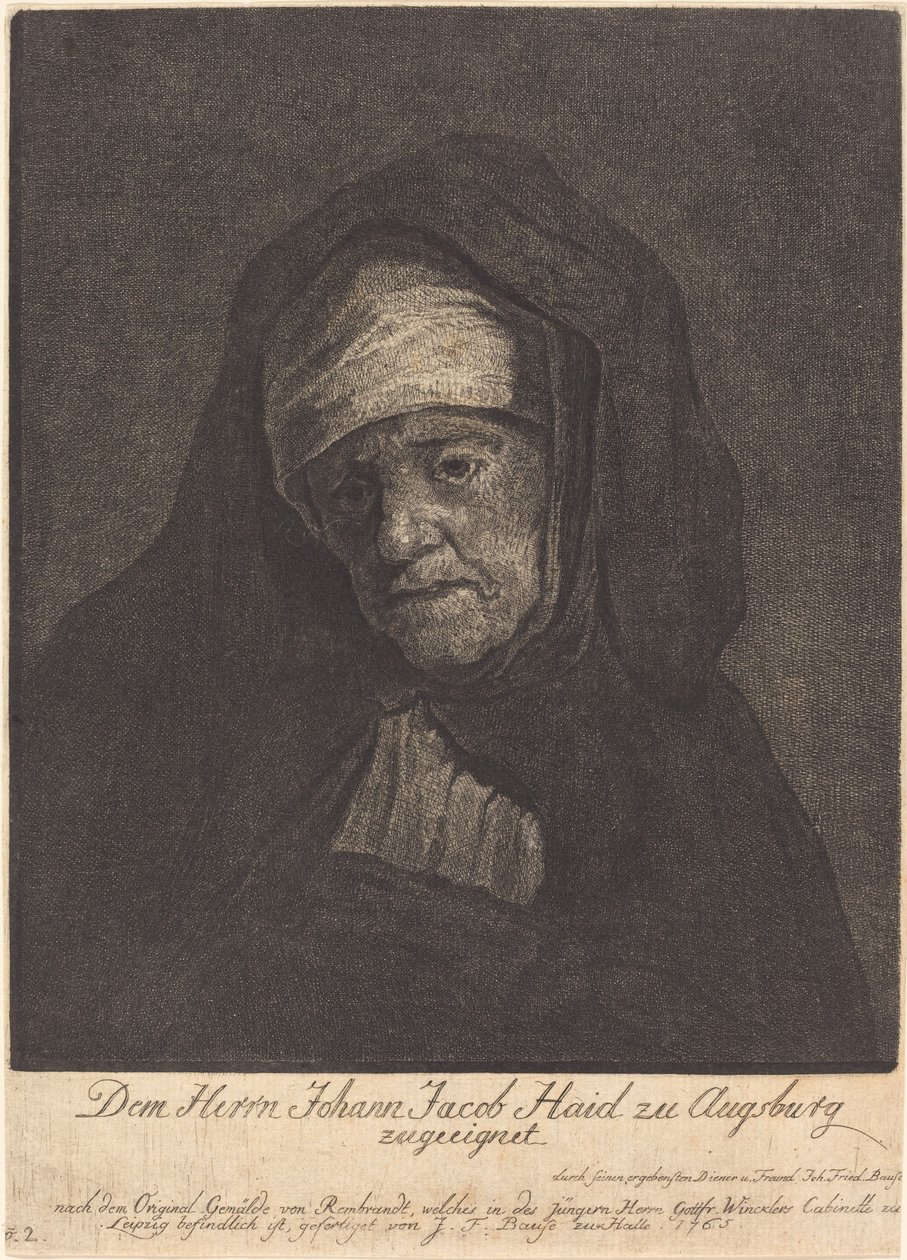 Hlava staré ženy od Johann Friedrich Bause after Rembrandt van Rijn