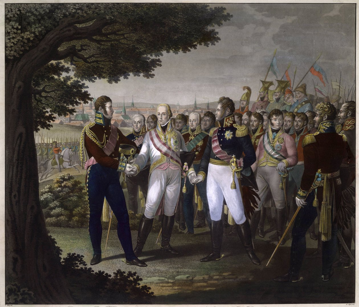 Ruský car Alexandr I. (1777-1825), rakouský císař František I. (1768-1835) a pruský král Frederic Guillaume (Frederic-Guillaume) III. v Praze 18. března 1813 - Setkání císařů Františka I. Rakouského, Alexandra I. Rusko a Fre od Johann Friedrich Jügel