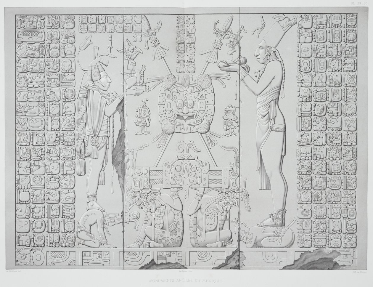 Reliéf zobrazující kněze s oběťmi ze svatyně Chrámu Slunce, Palenque, desky 29 a 30 z Ancient Monuments of Mexico, vyryl Werner, 1866 od Johann Friedrich Maximilian von Waldeck