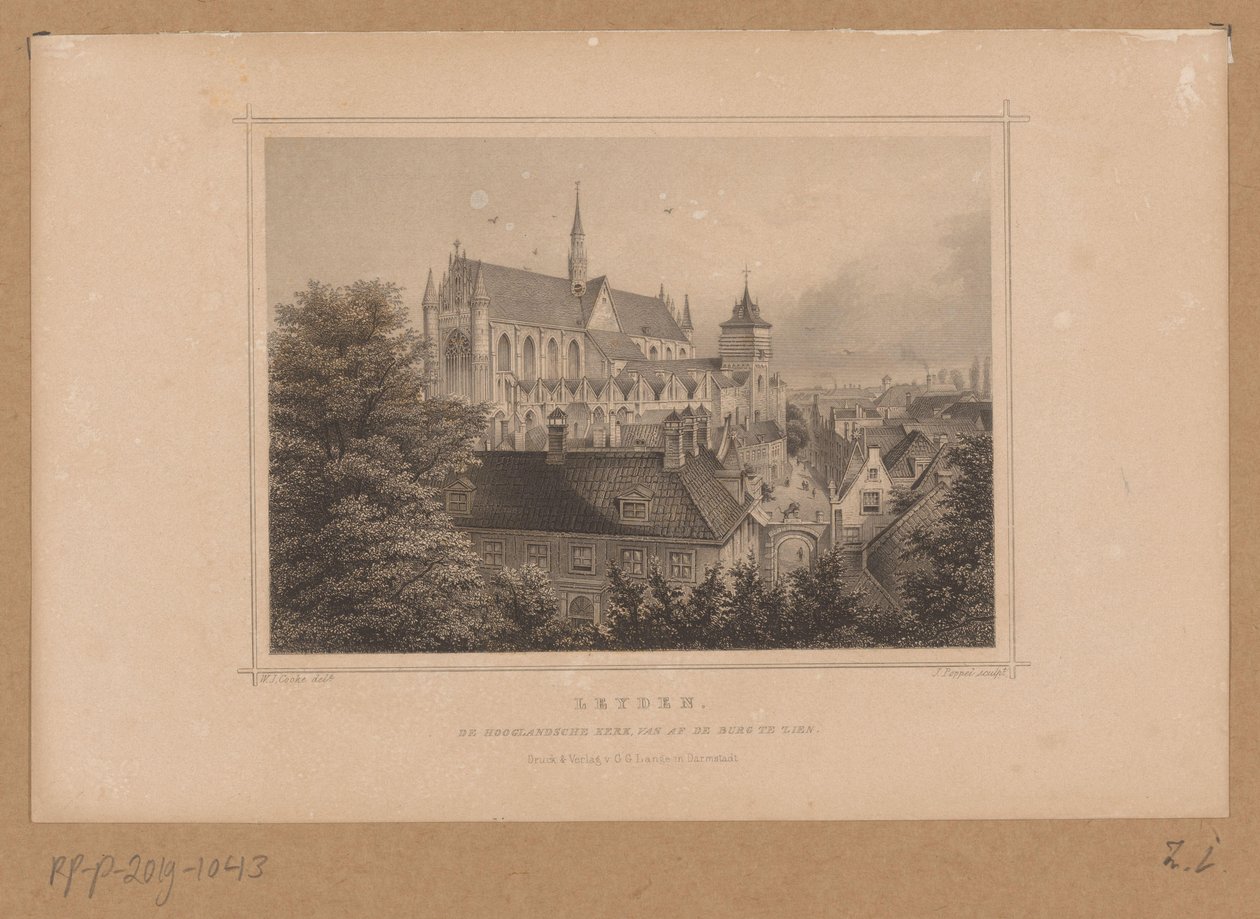 Pohled na Hooglandse Kerk v Leidenu Leyden, De Hooglandsche kerk, při pohledu z burgu (název na objektu) od Johann Gabriel Friedrich Poppel