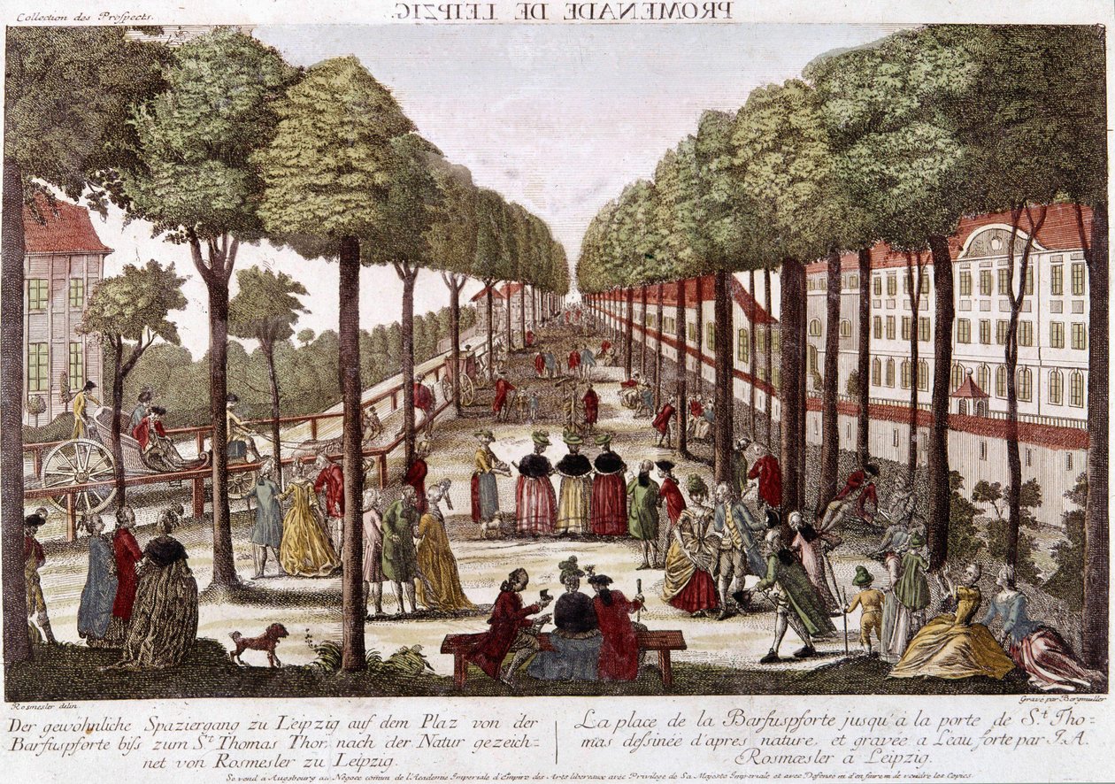 Lipská promenáda na konci 18. stol. rytina Rosmesler & Bergmuller. od Johann Georg Bergmuller
