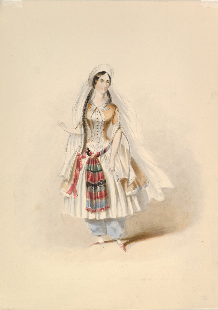 Studie kostýmu pro blondýnku v únosu ze seraglia od W. A. Mozarta, ca. 1830-50. od Johann Georg Christoph Fries
