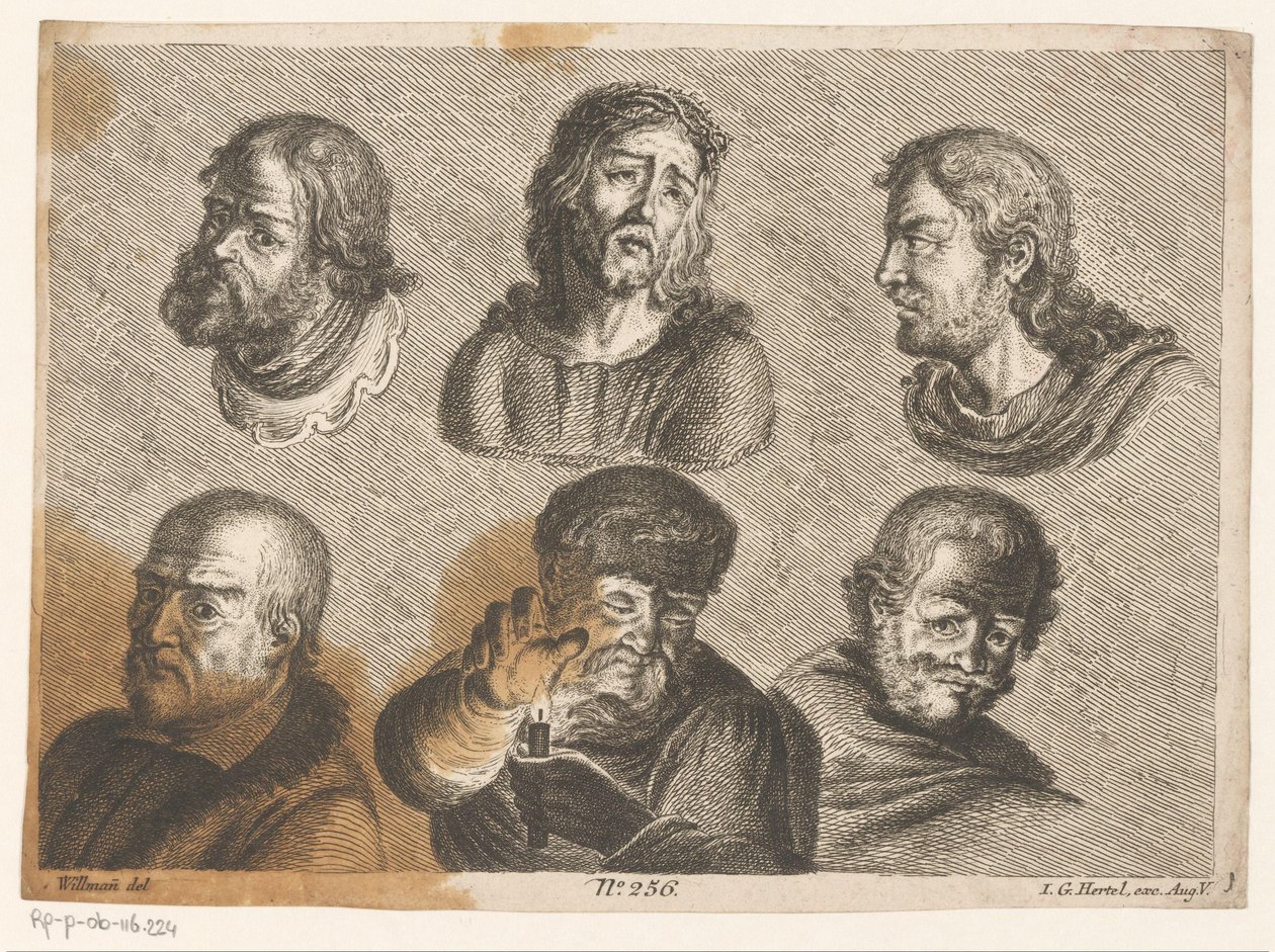 Šest mužských hlav, včetně Krista a muže se svíčkou od Johann Georg Hertel (I) (possibly)
