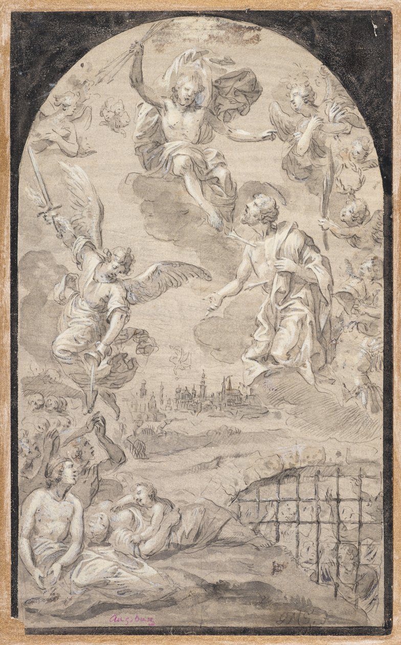 Svatý přimlouvající se u Krista, aby nevrhal blesk na město Augsburg od Johann Georg Melchior (1625 1705) Schmittner
