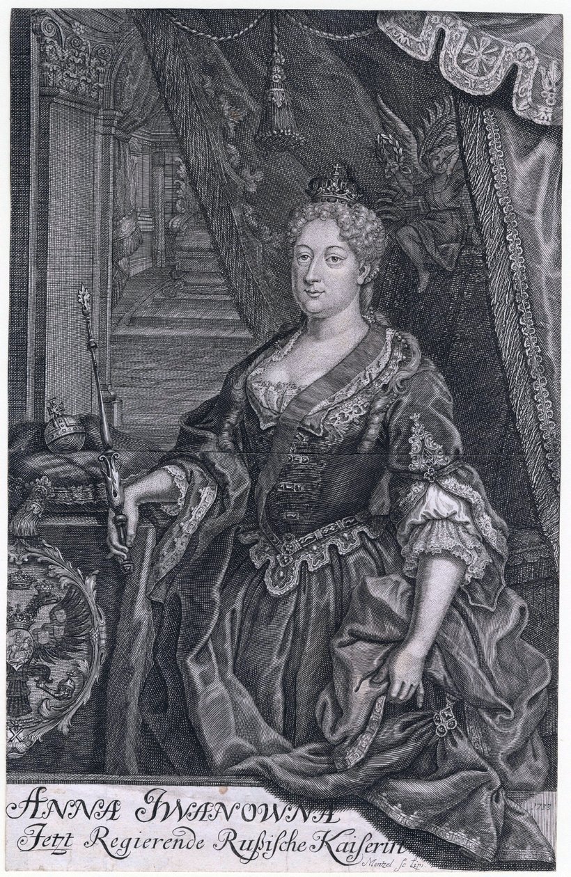 Anna Ivanovna byla císařovnou Ruska od 30. ledna 1730 do 29. října 1740. - Portrét císařovny Anny Ioannovny (1693-1740) - Mentzel (Menzel), Johann Georg (1677-1743) - 1733 - Mědirytina - 302,3x2 6 -Soukromá sbírka od Johann Georg Menzel