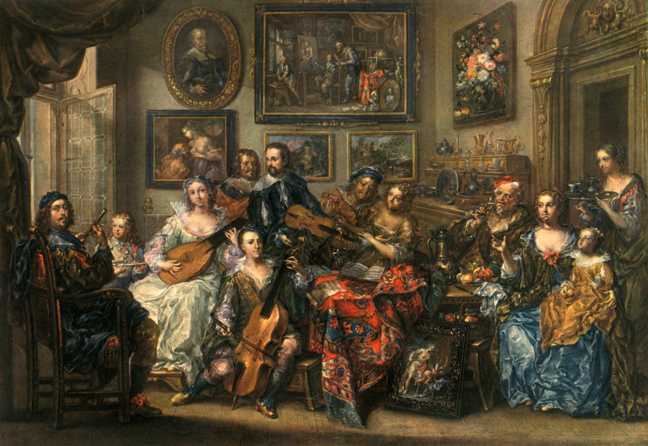 Flétna, loutna, violoncello a housle, Johann Georg Platzer 1704-1761, 1948 od Johann Georg Platzer