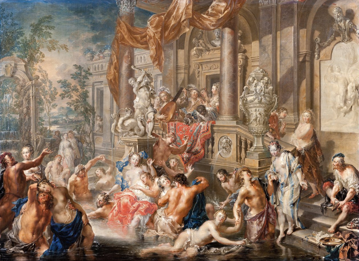 Scéna s fontánou před palácem od Johann Georg Platzer