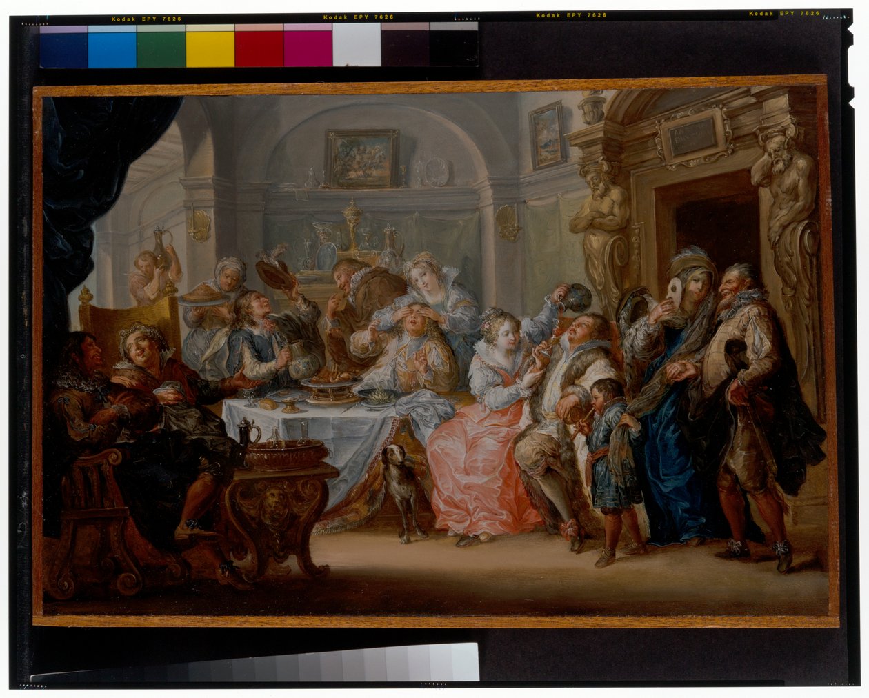 Interiér s elegantními postavami v maškarním kostýmu hodující od Johann Georg Platzer