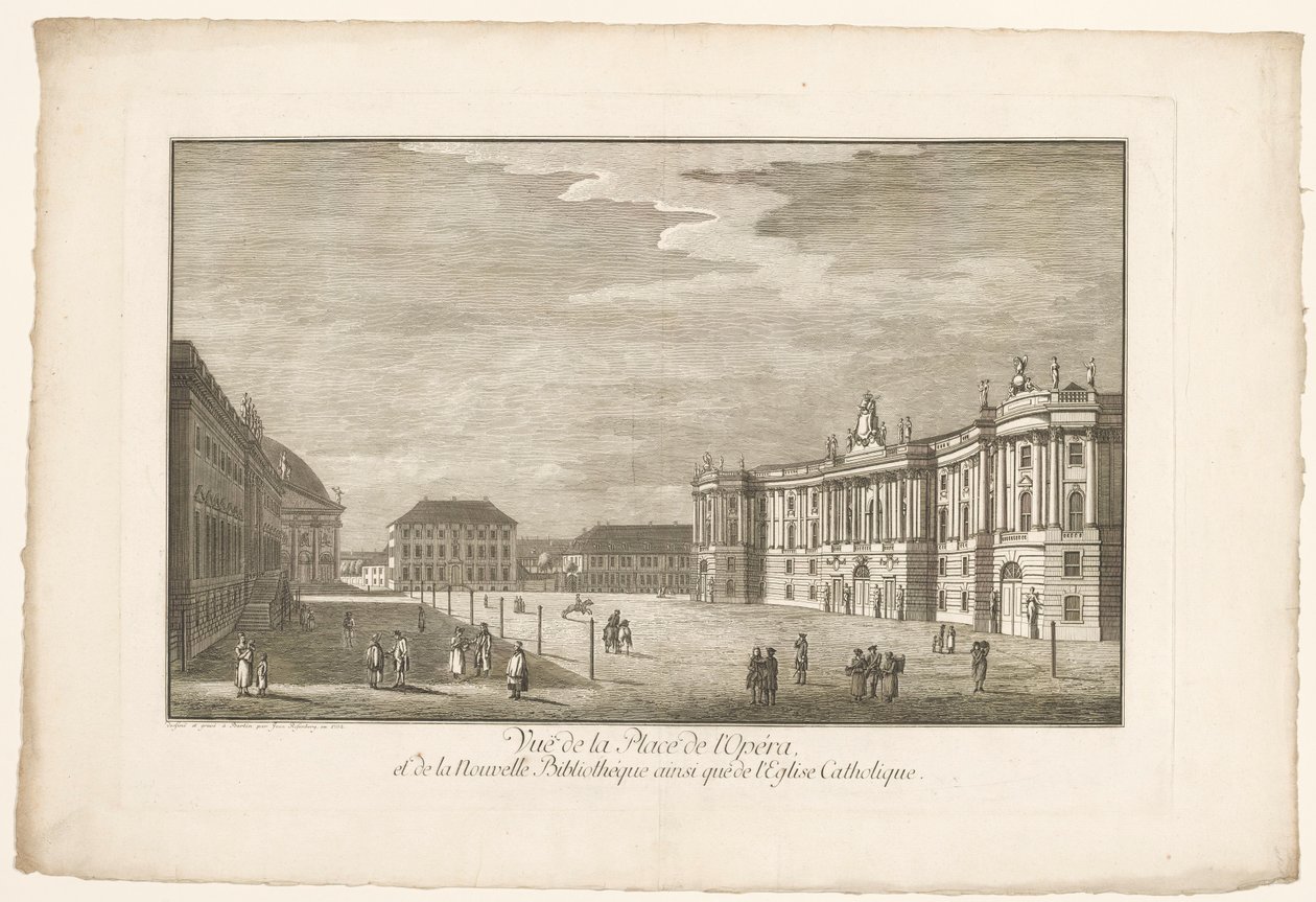 Pohled na Bebelplatz v Berlíně s Alte Bibliothek a Starým palácem a Sint-Hedwigskathedraal Pohled na Place de l
