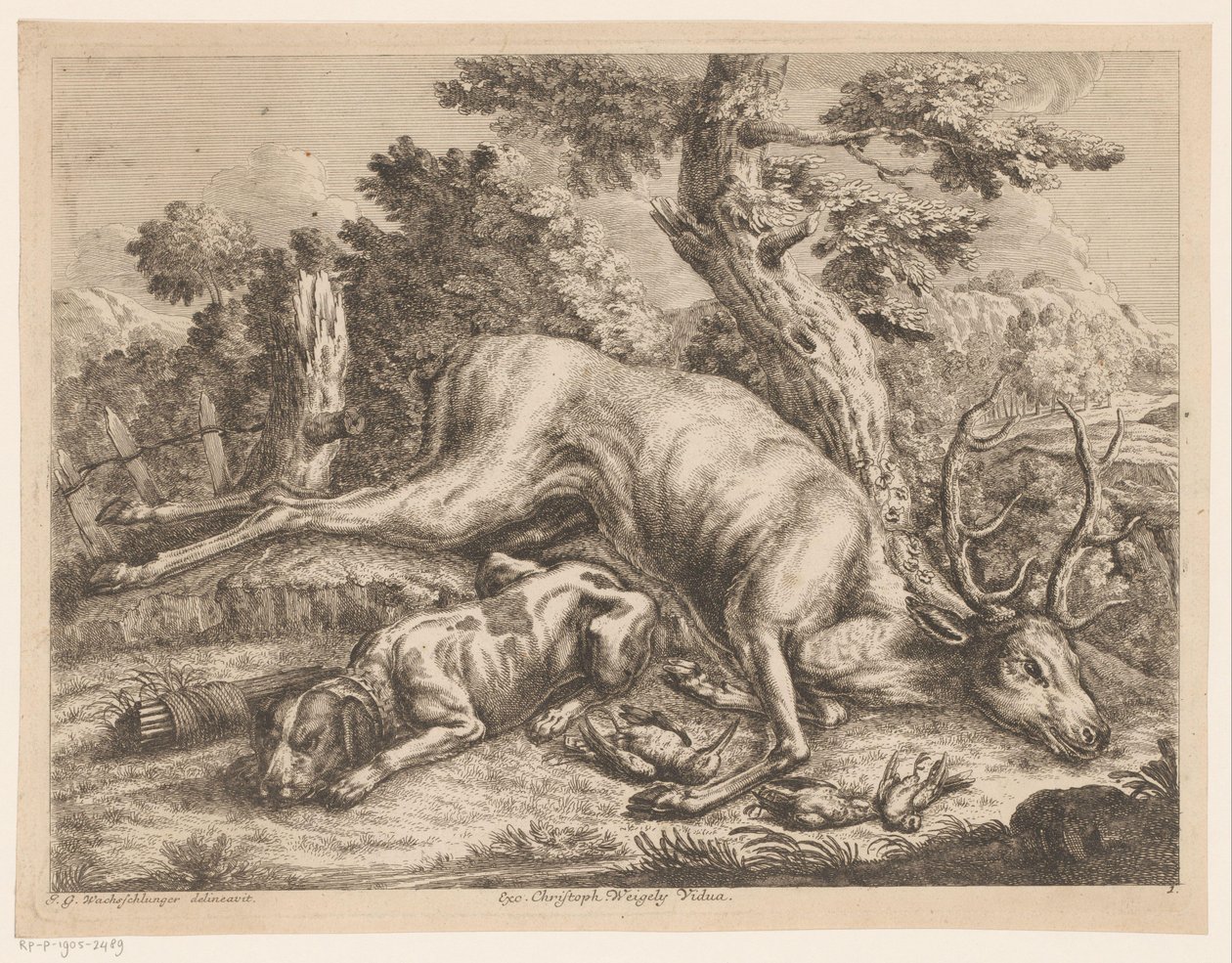 Lovecký pes a kořist s jeleny a ptáky Lovecké boty (název série) od Johann Georg Wachsschlunger